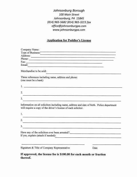 First page of the Peddler/Solicitor Permit Application