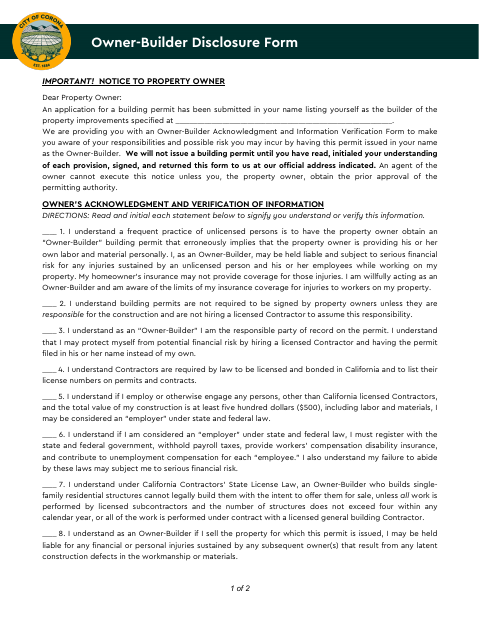 First page of the Owner-Builder Disclosure Form