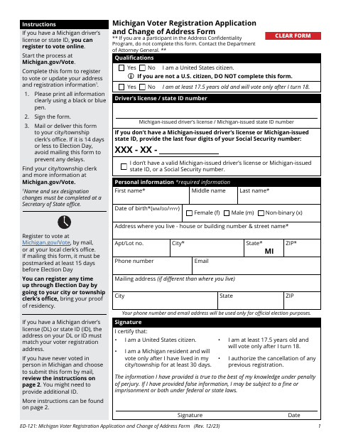 First page of the Michigan Voter Registration Application and Change of Address Form