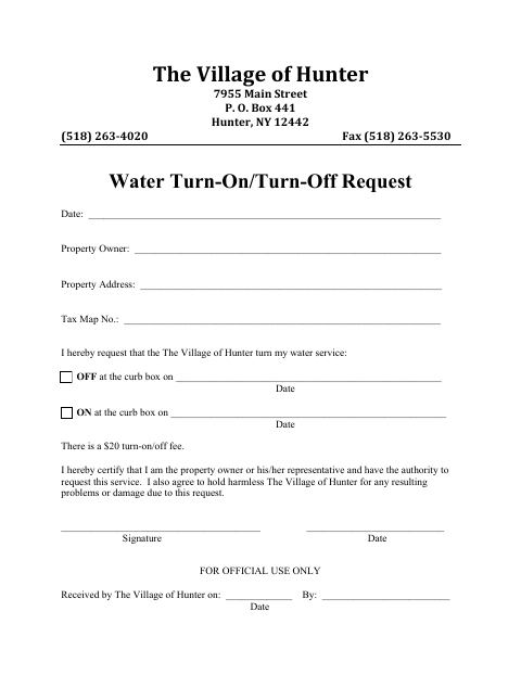First page of the Water Turn-On/Turn-Off Request