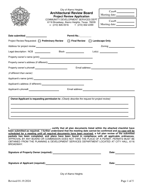 First page of the Architectural Review Board Project Review Application
