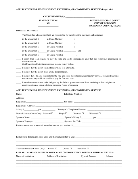 First page of the Application for Time Payment, Extension, or Community Service