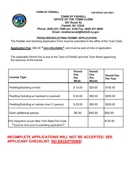 First page of the Peddling and Soliciting Permit Application
