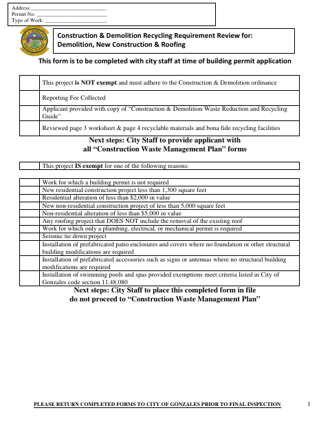 First page of the Construction Waste Management Form