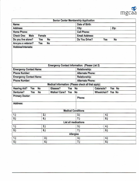 First page of the Senior Center Membership Application