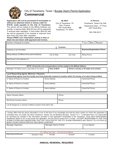First page of the Commercial Burglar Alarm Permit Application