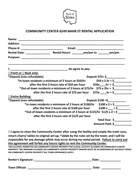 First page of the Community Center 6249 Main St Rental Application