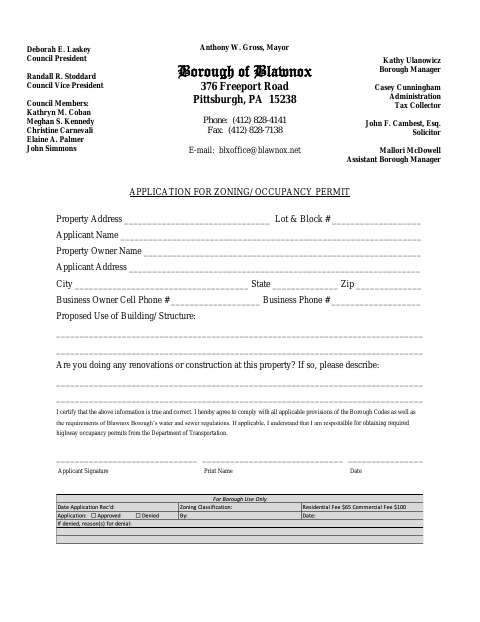 First page of the Application for Zoning/Occupancy Permit