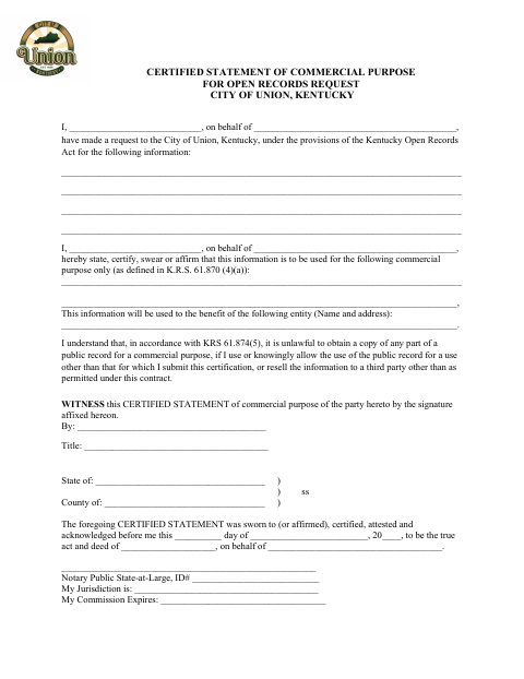 First page of the Certified Statement of Commercial Purpose for Open Records Request
