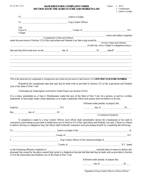 First page of the Dangerous Dog Complaint Under Section 123