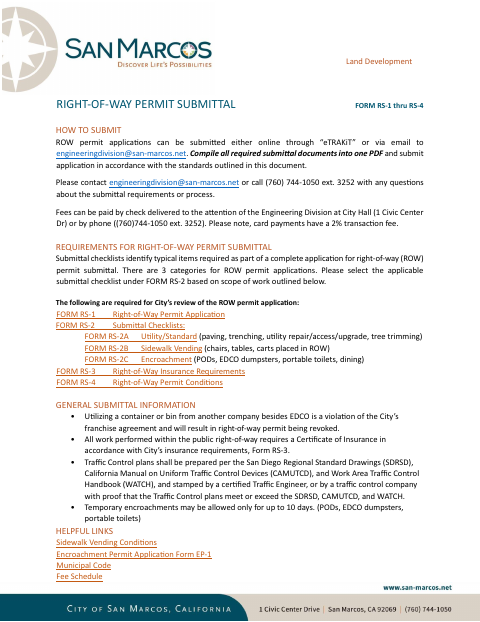 First page of the Right-of-Way Permit Submittal Form RS-1 Through RS-4