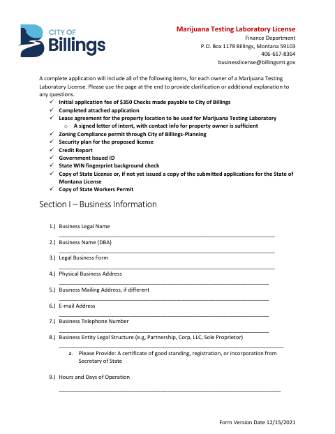First page of the Marijuana Testing Laboratory License