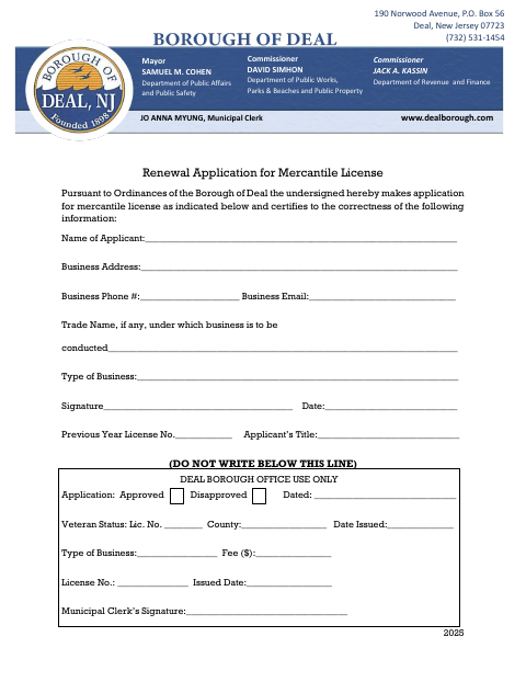 First page of the Renewal Application for Mercantile License