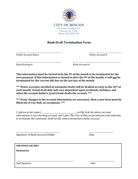 First page of the Bank Draft Termination Form