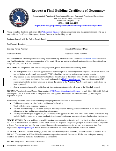First page of the Request a Final Building Certificate of Occupancy
