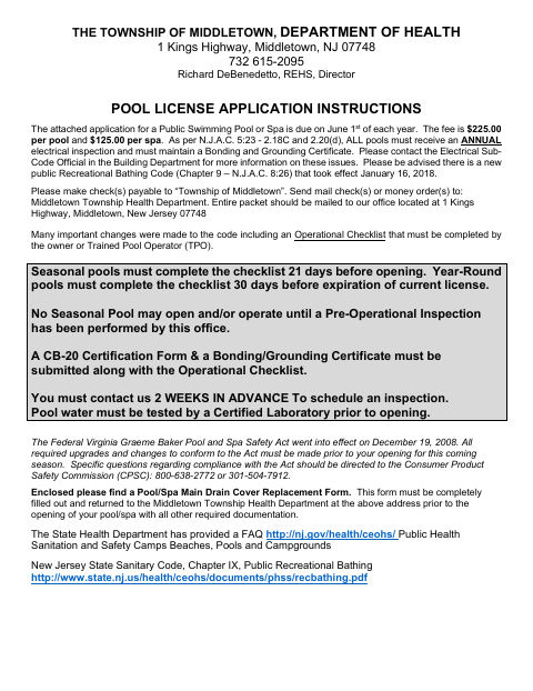 First page of the Pool License Application