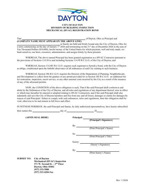 First page of the Mechanical (HVAC) Registration Bond