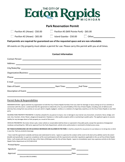 First page of the Park Reservation Permit