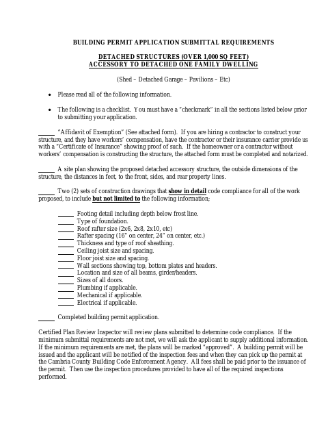First page of the Building Permit Submittal Requirements for Detached Structures Over 1,000 Square Feet