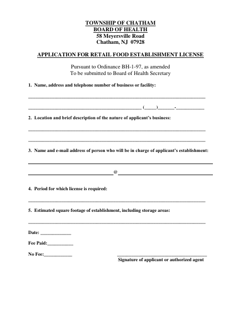 First page of the Application for Retail Food Establishment License