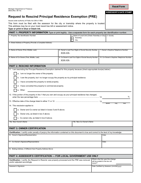 First page of the Request to Rescind Principal Residence Exemption