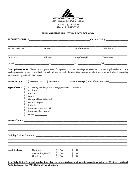First page of the Building Permit Application & Scope of Work