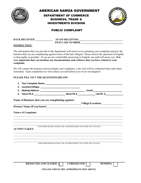 First page of the Public Complaint