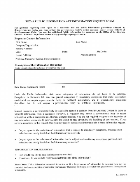 First page of the Texas Public Information Act Information Request Form