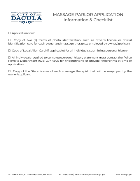 First page of the Massage Parlor Application