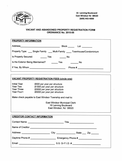 First page of the Vacant and Abandoned Property Registration Form