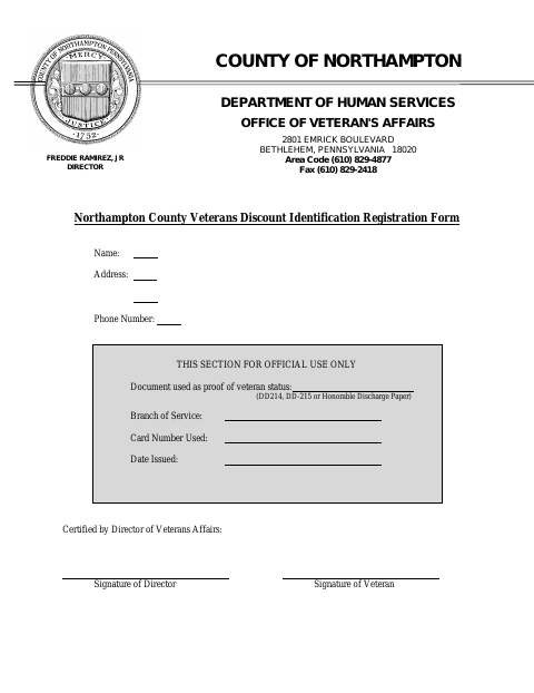 First page of the Veterans Discount Identification Registration Form