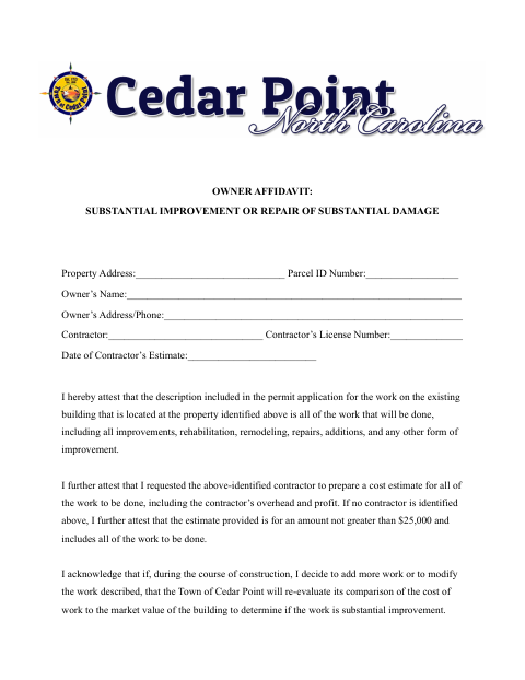 First page of the Owner Affidavit for Substantial Improvement or Repair of Substantial Damage