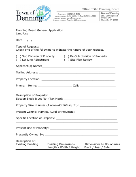 First page of the Planning Board General Application Land Use