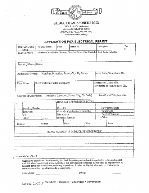 First page of the Electrical Permit Application