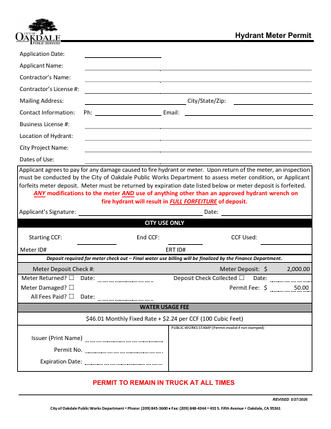 First page of the Hydrant Meter Permit
