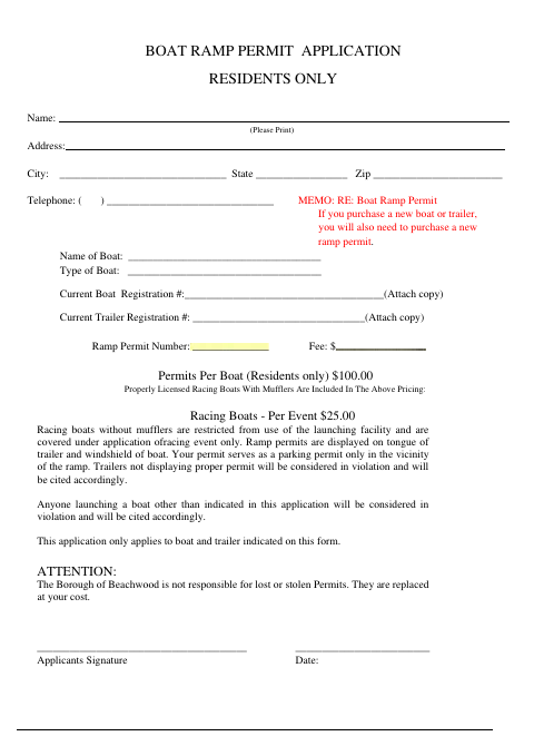 First page of the Boat Ramp Permit Application