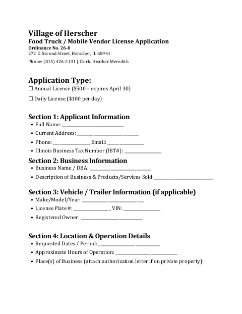 First page of the Food Truck / Mobile Vendor License Application