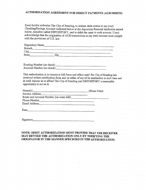 First page of the Authorization Agreement for Direct Payments (ACH Debits)