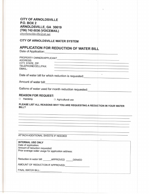 First page of the Application for Reduction of Water Bill