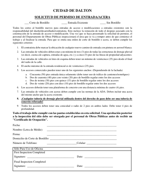 First page of the Driveway and Sidewalk Permit Application