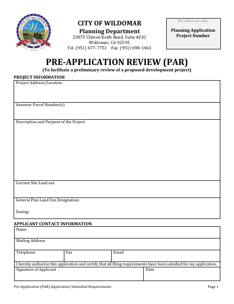 First page of the Pre-Application Review (PAR)