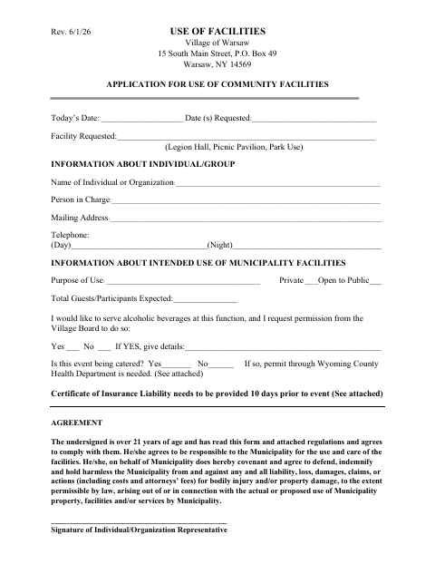 First page of the Application for Use of Community Facilities