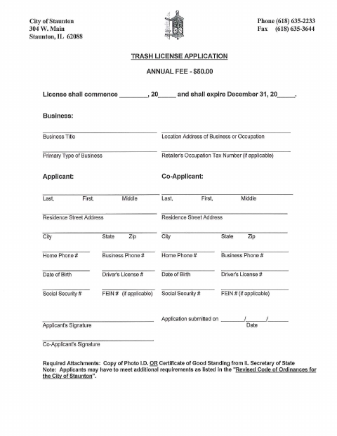 First page of the Trash License Application