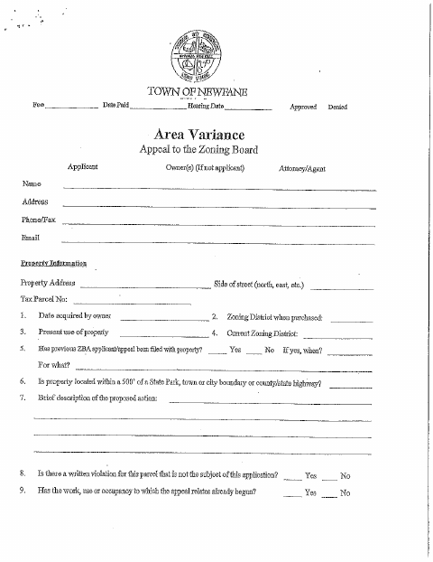 First page of the Zoning Board Area Variance Application