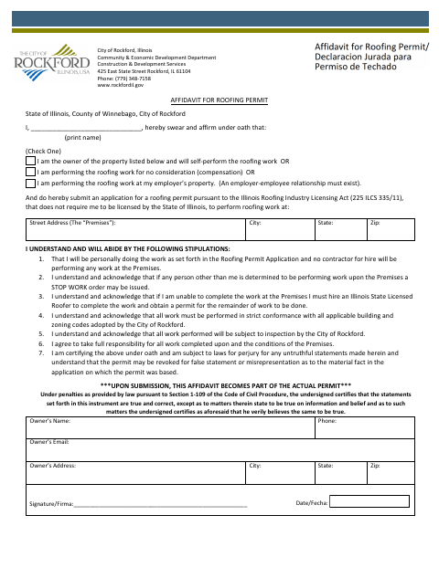 First page of the Affidavit for Roofing Permit