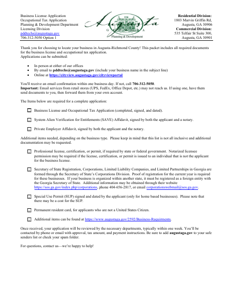 First page of the Business License / Occupational Tax Application