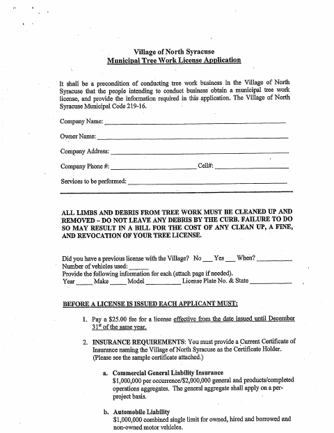 First page of the Municipal Tree Work License Application