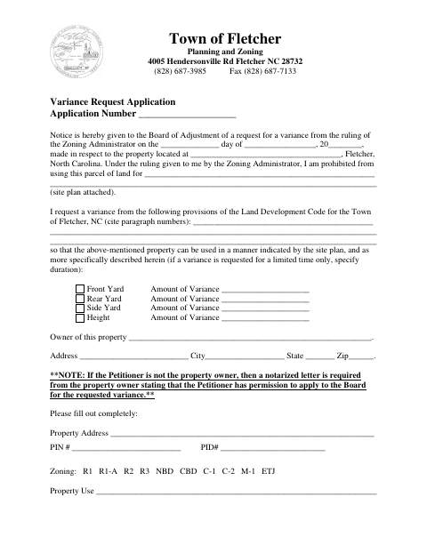 First page of the Zoning Variance Request Application