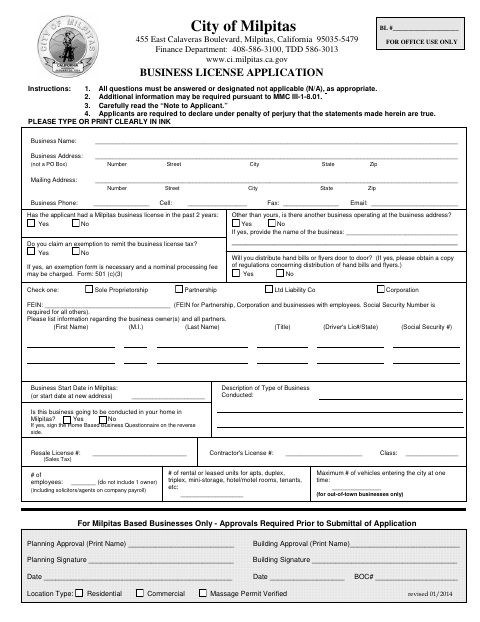 First page of the Business License Application