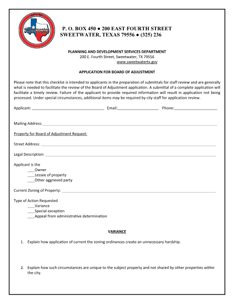 First page of the Application for Board of Adjustment
